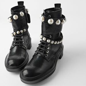 Chic Black Leather Boots with Pearl Accents